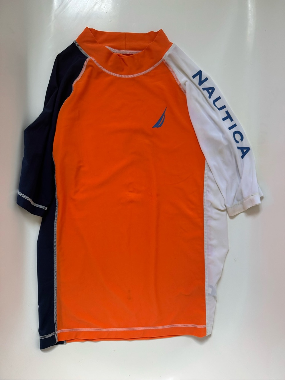 Nautica Orange Navy and White Colorblock Swim Shirt